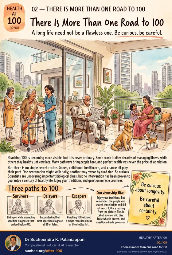 There is more than one road to 100. Three paths: survivors, who live with illnesses diagnosed before 80; delayers, whose first diagnosis came at 80 or later; escapers, who reach 100 without a major recorded illness. Survivorship bias: the people who shared the same habits but did not reach 100 are missing from the picture. Be curious about longevity, be careful about certainty.