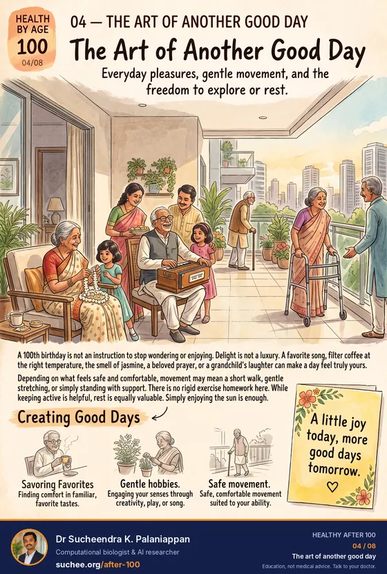 The art of another good day. Creating good days: savouring favourite tastes, gentle hobbies that engage the senses through creativity, play or song, and safe movement suited to your ability. A little joy today, more good days tomorrow.