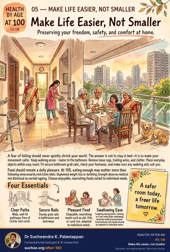 Make life easier, not smaller: safe environment and gentle nutrition. Four essentials: clear, well-lit paths free of clutter and cords; sturdy grab rails in bathrooms and doorways; enjoyable, nourishing food such as dal, fish or curd rice, adapted to individual needs; and help with swallowing, since coughing at meals, choking or a wet voice after swallowing deserves medical assessment. A safer room today, a freer life tomorrow.