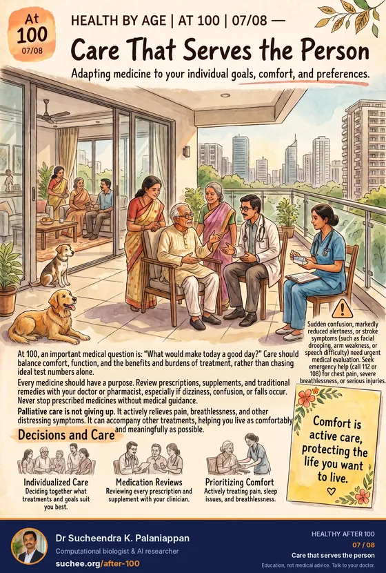 Care that serves the person: adapting medicine to your goals, comfort and preferences. Decisions and care: deciding together what treatments and goals suit you best, reviewing every prescription and supplement with your clinician, and actively treating pain, sleep problems and breathlessness. Sudden confusion or markedly reduced alertness needs urgent medical evaluation. Comfort is active care, protecting the life you want to live.