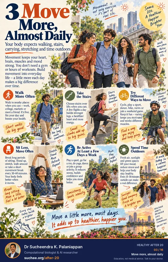 Move more, almost daily: walk more often, take the stairs, try different ways to move, sit less and move often, be active at least a few days a week, spend time outdoors.