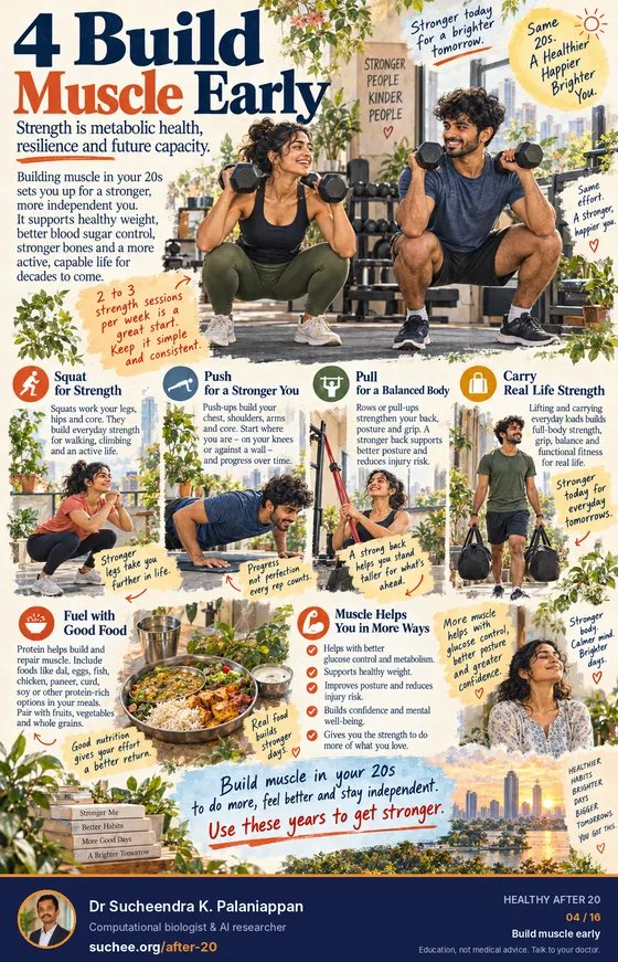 Build muscle early: squat for strength, push for a stronger upper body, pull for a balanced body, carry for real-life strength, fuel with good food. Two to three strength sessions a week.