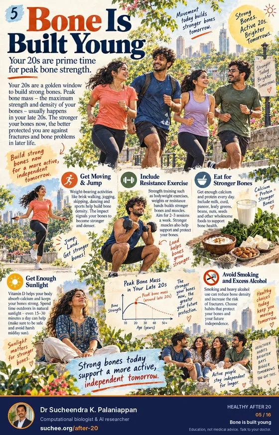 Bone is built young: peak bone mass around the late 20s. Get moving and jump, include resistance exercise, eat for stronger bones, get enough sunlight, avoid smoking and excess alcohol.