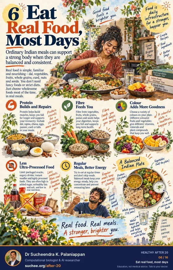 Eat real food, most days: protein builds and repairs, fibre feeds you, colour adds goodness, less ultra-processed food, regular meals, and a balanced Indian plate with half vegetables, a quarter protein, a quarter whole grains, curd and water.