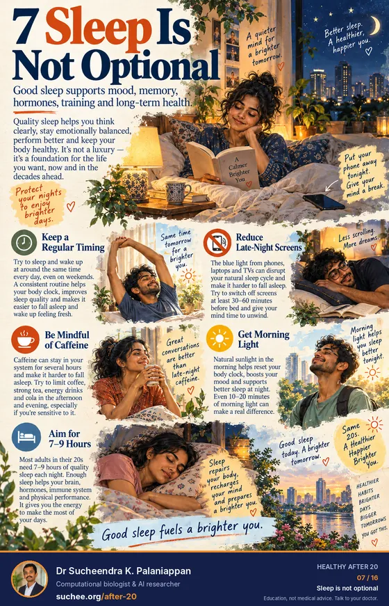 Sleep is not optional: keep a regular timing, reduce late-night screens, be mindful of caffeine, get morning light, aim for 7 to 9 hours.