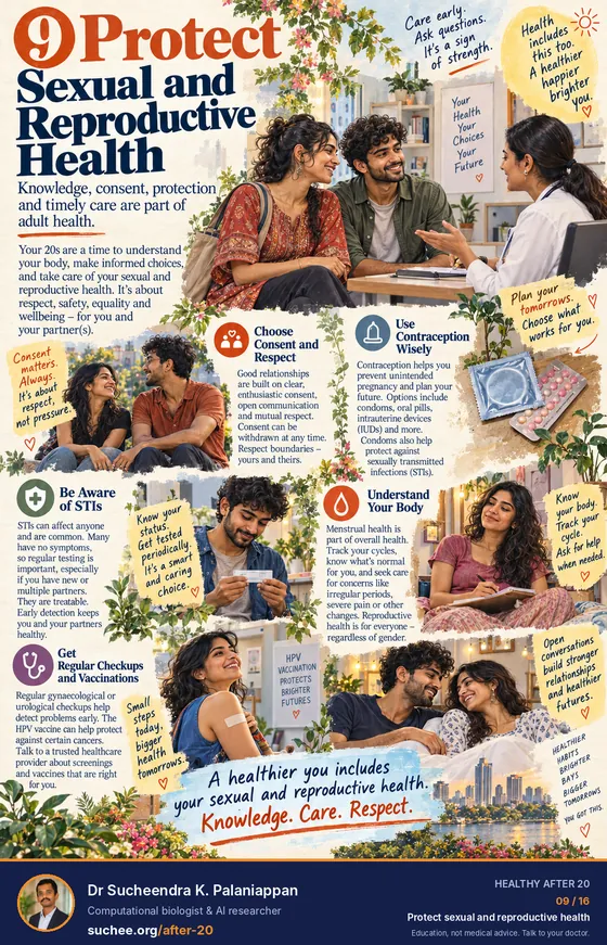 Protect sexual and reproductive health: choose consent and respect, use contraception wisely, be aware of STIs, understand your body and menstrual health, get regular checkups and vaccinations including HPV.