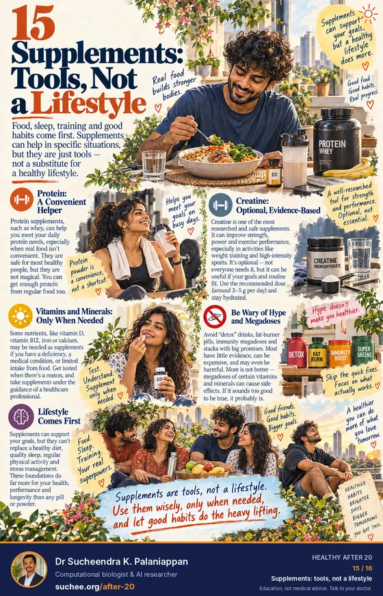 Supplements: tools, not a lifestyle. Protein powder is a convenience, creatine is optional and evidence-based, vitamins and minerals only when needed, be wary of hype and megadoses, lifestyle comes first.