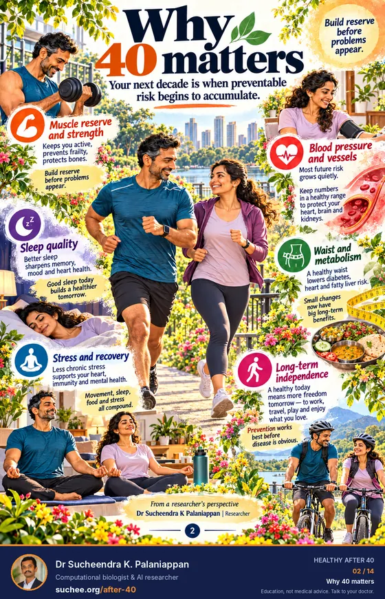 Why 40 matters: muscle reserve and strength, blood pressure and vessels, sleep quality, waist and metabolism, stress and recovery, long-term independence. Prevention works best before disease is obvious.
