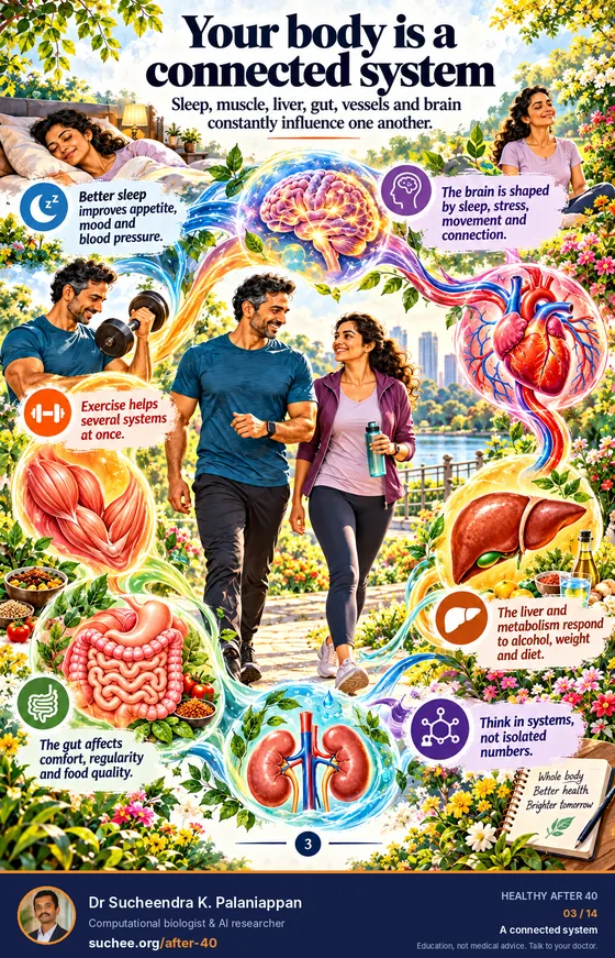 Your body is a connected system: sleep, muscle, liver, gut, vessels and brain influence one another. Exercise helps several systems at once. Think in systems, not isolated numbers.