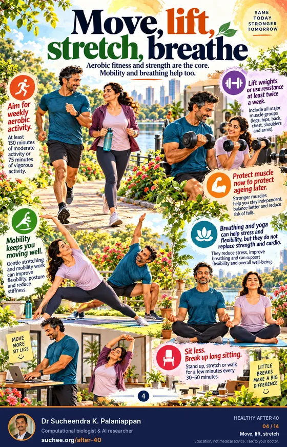 Move, lift, stretch, breathe: at least 150 minutes of moderate or 75 of vigorous activity a week, lift weights at least twice a week, mobility work, breathing and yoga do not replace strength and cardio, break up long sitting.