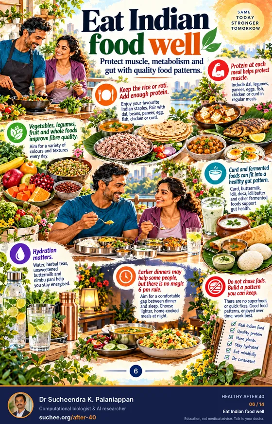 Eat Indian food well: keep the rice or roti and add enough protein, protein at each meal, vegetables, legumes and whole foods for fibre, curd and fermented foods, hydration, earlier lighter dinners, do not chase fads.