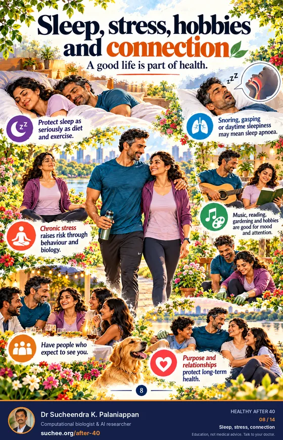 Sleep, stress, hobbies and connection: protect sleep as seriously as diet and exercise, snoring or daytime sleepiness may mean sleep apnoea, chronic stress raises risk, hobbies help mood, have people who expect to see you, purpose and relationships protect long-term health.