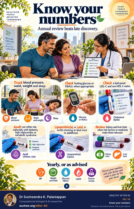 Know your numbers: track blood pressure, waist, weight and sleep, check fasting glucose or HbA1c, a lipid panel with LDL and non-HDL cholesterol, ApoB can refine risk, Lp(a) once in adulthood, kidney and liver tests when relevant, yearly or as advised.