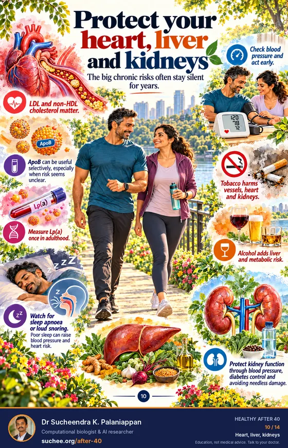Protect your heart, liver and kidneys: LDL and non-HDL cholesterol matter, ApoB selectively, measure Lp(a) once, watch for sleep apnoea, check blood pressure and act early, tobacco harms vessels, alcohol adds liver and metabolic risk, protect kidney function.
