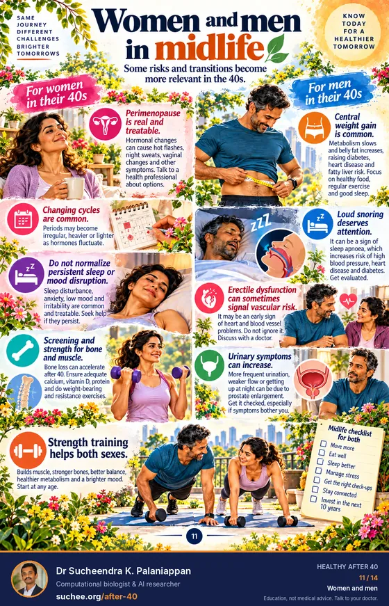 Women and men in midlife. For women: perimenopause is real and treatable, changing cycles, do not normalise sleep or mood disruption, screening and strength for bone and muscle. For men: central weight gain, loud snoring, erectile dysfunction can signal vascular risk, urinary symptoms. Strength training helps both.