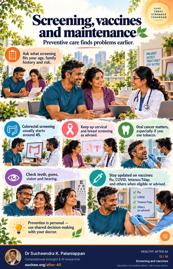 Screening, vaccines and maintenance: ask what screening fits your age, family history and risk, colorectal screening usually starts around 45, keep up cervical and breast screening, oral cancer matters if you use tobacco, check teeth, vision and hearing, stay updated on vaccines.