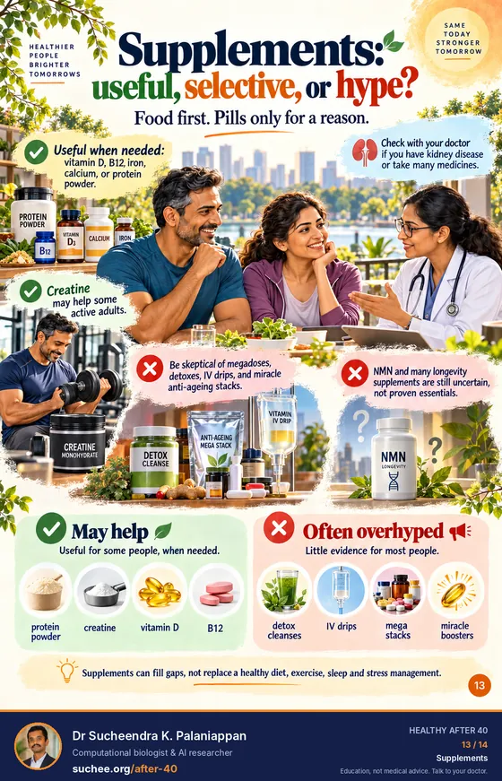 Supplements: useful, selective or hype? Food first, pills only for a reason. Vitamin D, B12, iron, calcium or protein powder when needed, creatine may help some active adults, be sceptical of megadoses, detoxes, IV drips and anti-ageing stacks, NMN is still uncertain.