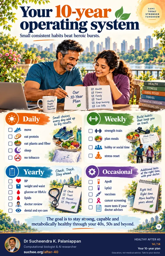 Your 10-year operating system: daily move, eat protein, eat plants and fibre, sleep, no tobacco; weekly strength training, meal planning, hobby or social time, stress reset; yearly blood pressure, weight and waist, glucose or HbA1c, lipids, doctor review, dental and eye care; occasional ApoB, Lp(a), vaccines, cancer screening.