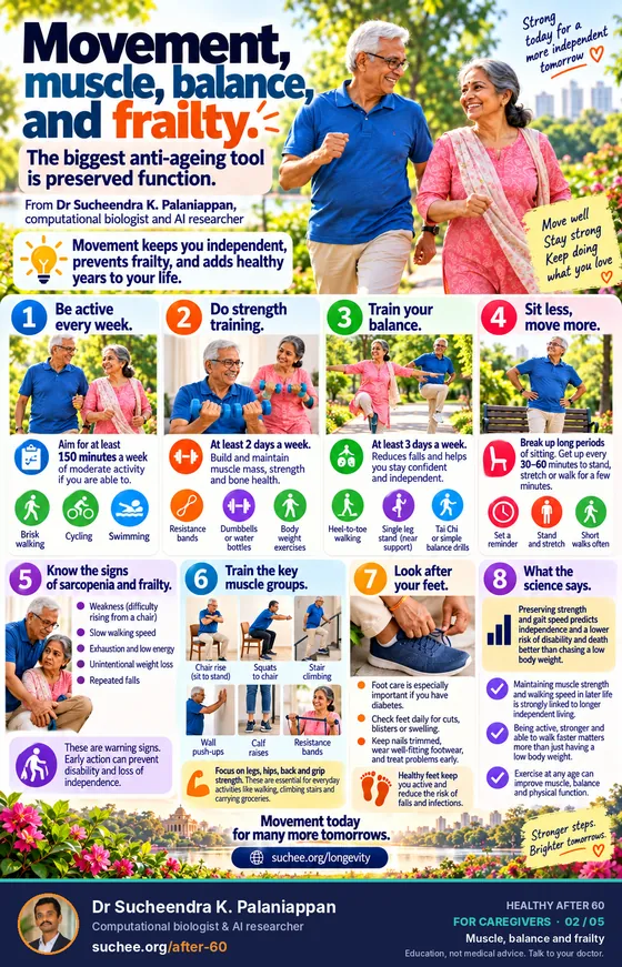 Movement, muscle, balance and frailty: be active every day, strength training at least two days a week, balance training, sit less, know the signs of sarcopenia, train the big muscle groups, what the science says.