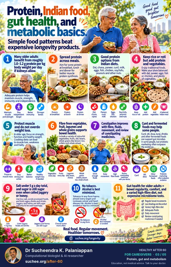 Protein, Indian food, gut health and metabolic basics: 1.0 to 1.2 grams of protein per kilogram if kidneys allow, protein spread across meals, Indian protein options, fibre, curd and fermented foods, salt under five grams, no tobacco.