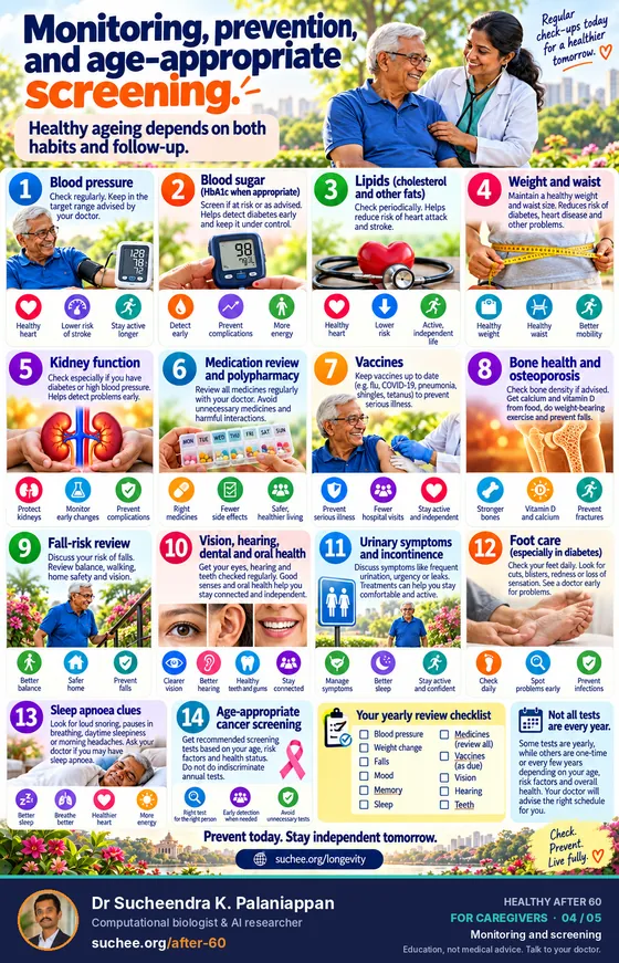 Monitoring, prevention and age-appropriate screening: blood pressure, blood sugar, lipids, weight and waist, kidney function, medication review, vaccines, bone health, fall risk, vision, hearing and teeth, cancer screening, a yearly review checklist.