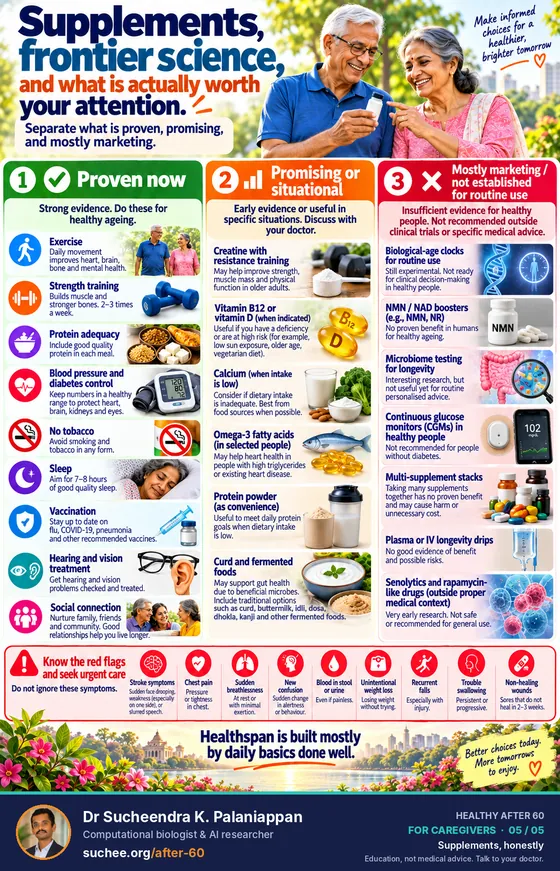 Supplements, frontier science and what is worth your attention: proven now, promising in specific situations, and mostly marketing or not established for routine use.