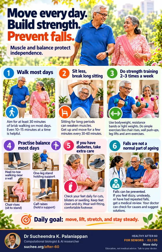 Move every day, build strength, prevent falls: walk most days, break long sitting, strength training two to three times a week, practise balance, take care with diabetes, falls are not a normal part of ageing.