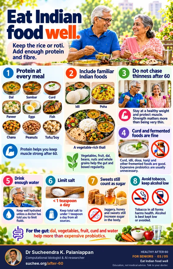 Eat Indian food well: protein at every meal from dal, curd, paneer, eggs and fish, familiar Indian foods, do not chase thinness after 60, drink enough water, limit salt and sugar, avoid tobacco and alcohol.