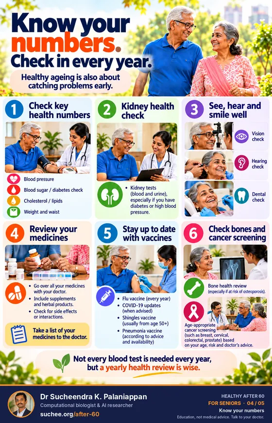 Know your numbers, check in every year: blood pressure, sugar, cholesterol, kidneys, eyes, ears and teeth, review your medicines, stay up to date with vaccines, check bones and cancer screening.