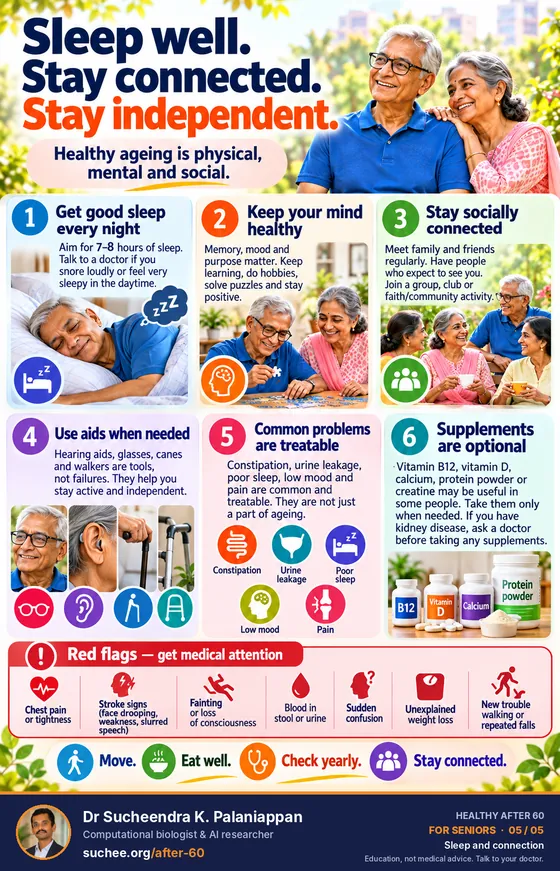 Sleep well, stay connected, stay independent: seven to eight hours of sleep, keep the mind active, stay socially connected, use aids when needed, common problems are treatable, supplements are optional, red flags that need medical attention.