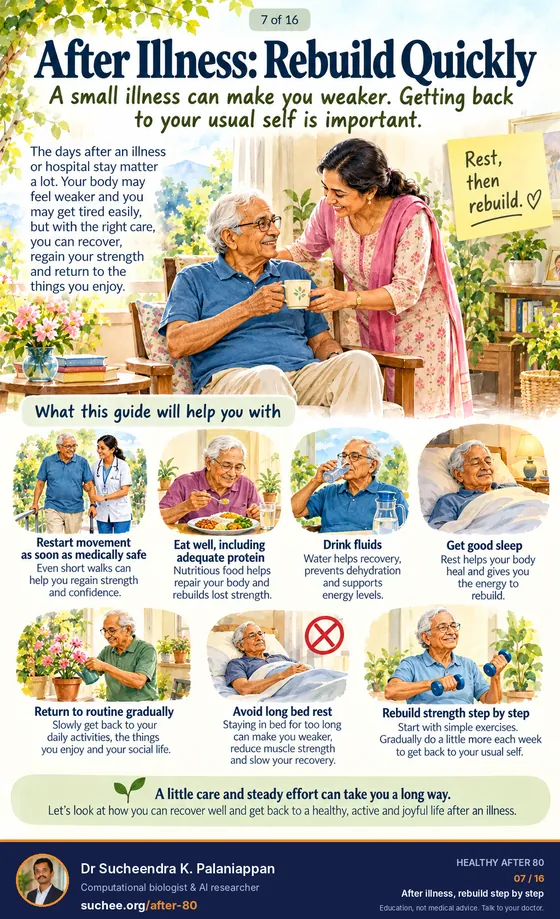After illness, rebuild: restart movement as soon as medically safe, eat well including protein, drink fluids, get good sleep, return to routine gradually, avoid long bed rest, rebuild strength step by step.