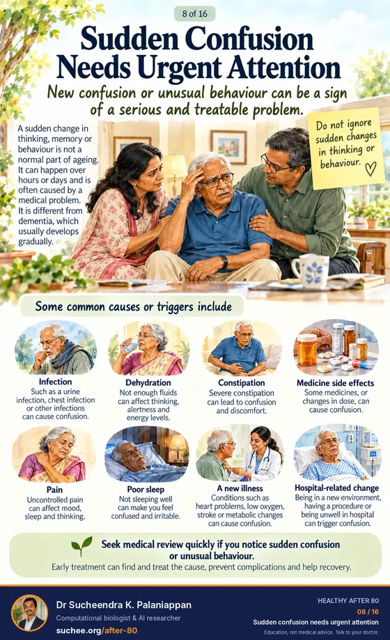 Sudden confusion needs urgent attention. Common causes: infection, dehydration, constipation, medicine side effects, pain, poor sleep, a new illness, a stay in hospital.