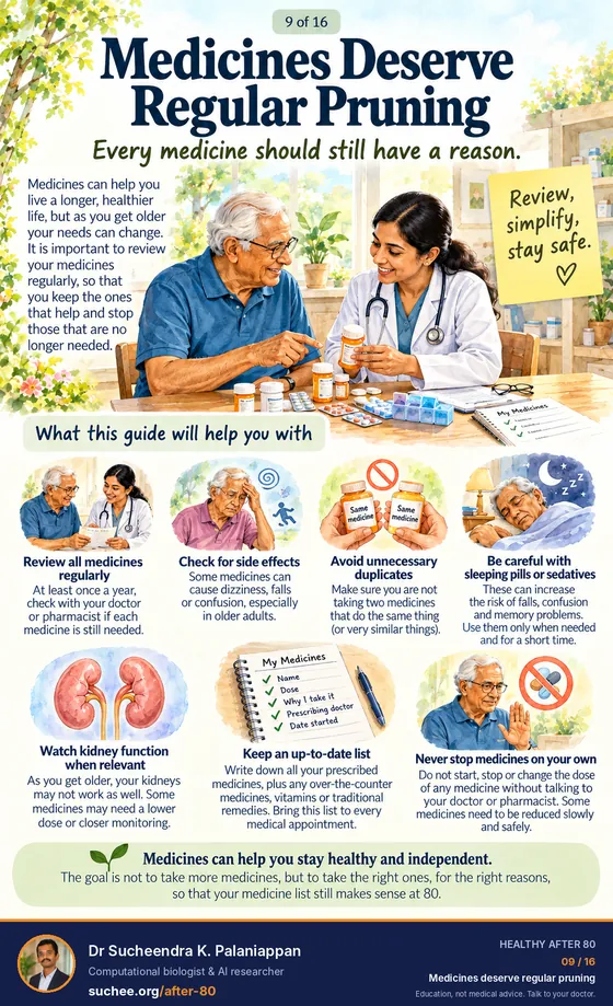 Medicines deserve regular pruning: review all medicines regularly, check for side effects, avoid duplicates, be careful with sleeping pills or sedatives, ask about kidney function, keep an up-to-date list, never stop medicines on your own.