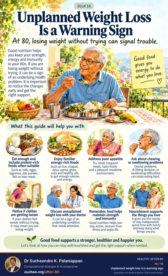 Unplanned weight loss is a warning sign: eat enough and include protein-rich foods, enjoy familiar energy-rich foods, address poor appetite, ask about chewing or swallowing problems, notice if clothes are getting looser, discuss unexplained weight loss with your doctor.