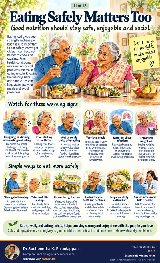 Eating safely matters too. Warning signs: coughing or choking while eating or drinking, food sticking in the throat, a wet or gurgly voice after eating, very long meals, repeated chest infections. Ways to eat more safely: sit upright, small bites and sips, the right texture, care for teeth and dentures, tasty familiar meals, ask for help.