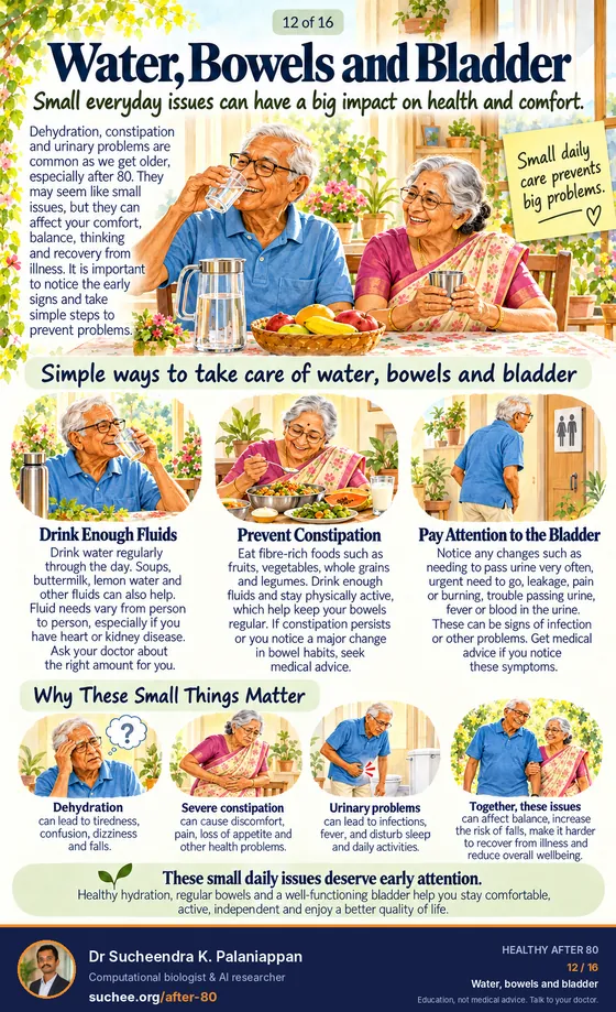Water, bowels and bladder: drink enough fluids, prevent constipation, pay attention to the bladder. Dehydration, constipation and urinary problems can lead to confusion, dizziness and falls.