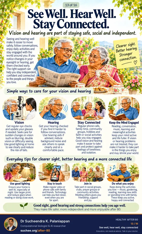 See well, hear well, stay connected: vision, hearing, stay connected, keep the mind engaged, use good lighting, stay in touch, join in, do what you enjoy.