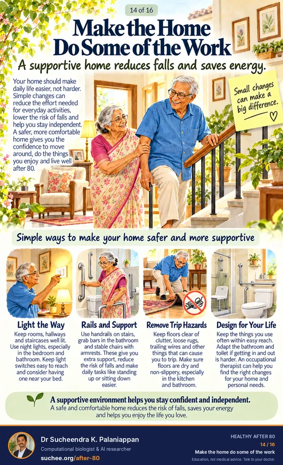 Make the home do some of the work: light the way, rails and support, remove trip hazards, design for your life.