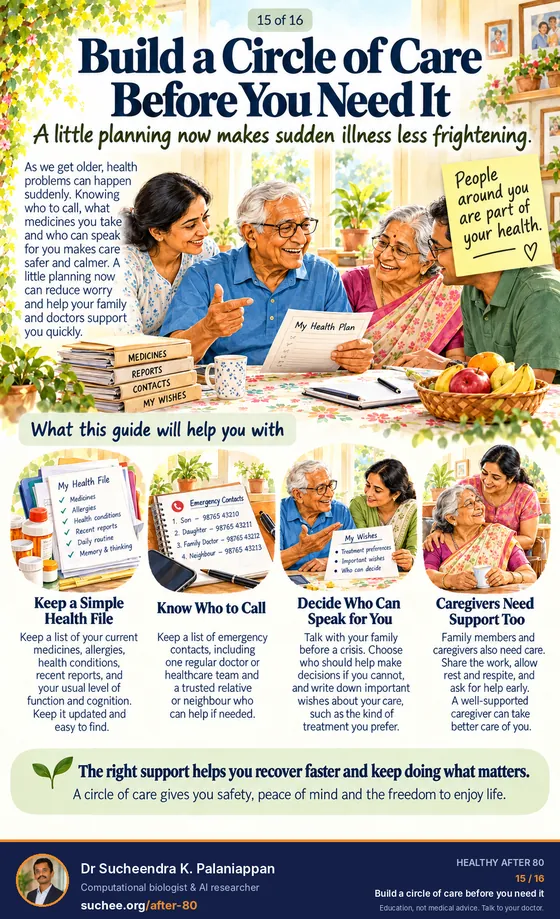 Build a circle of care before you need it: keep a simple health file, know who to call, decide who can speak for you, caregivers need support too.