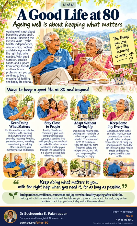 A good life at 80: keep doing what matters, stay close to people, adapt without giving up, find some joy every day.
